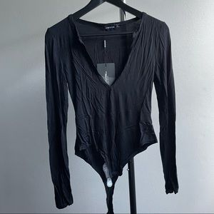 PLT V-neck long sleeve thong bodysuit